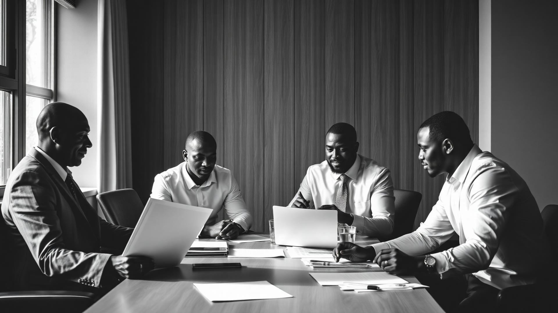 Consultants reviewing business documents in a boardroom