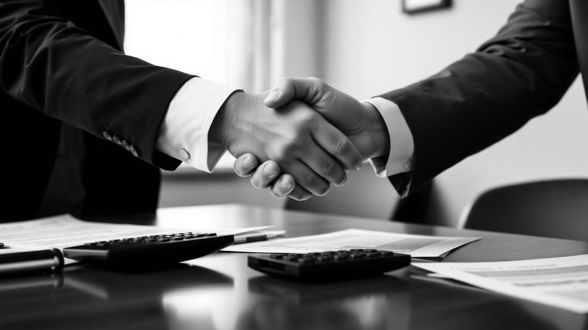 Handshake over tax documents after a client meeting